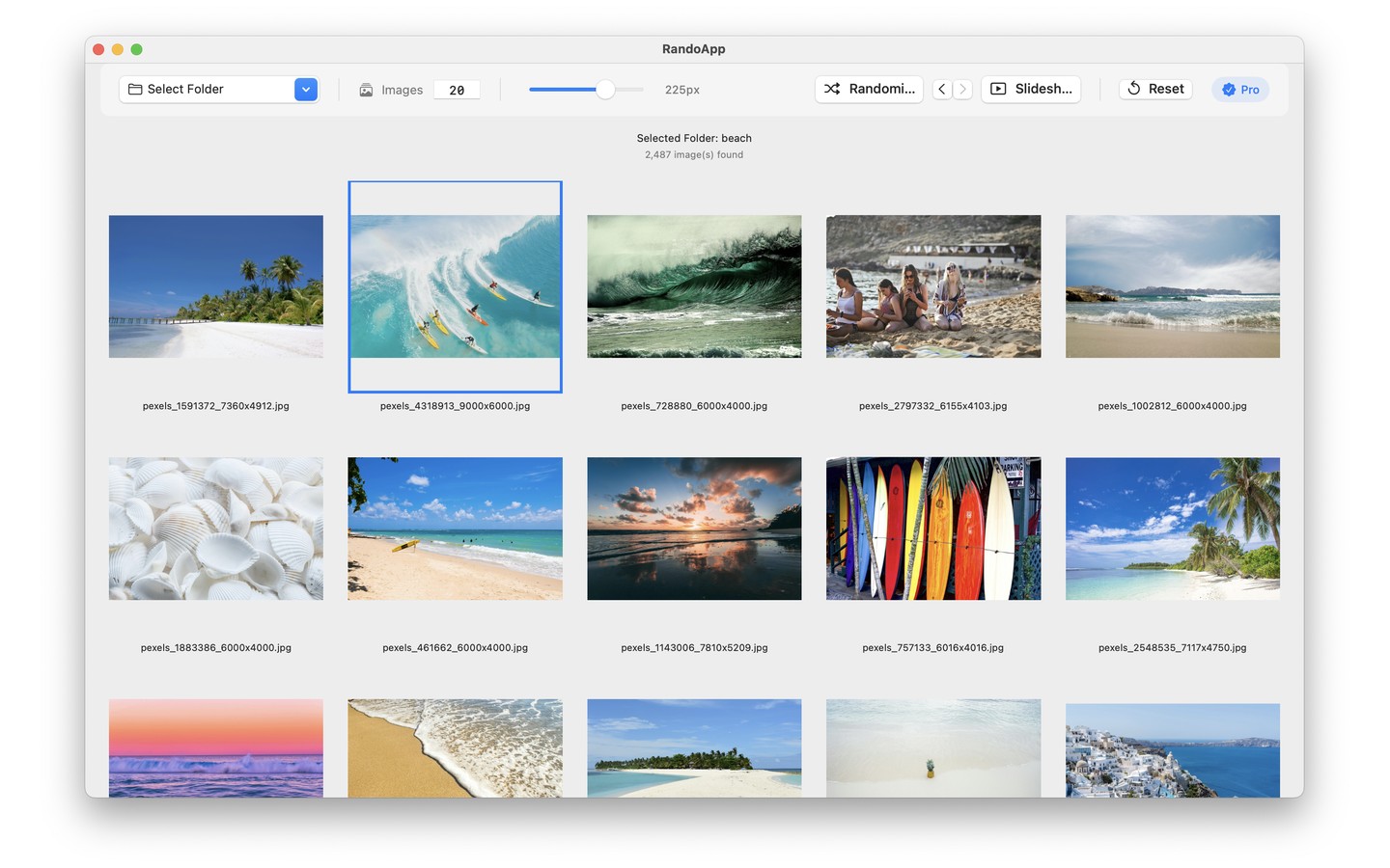 Rando main interface with thumbnail grid
